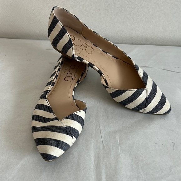 BCBG Paris Shoes - BCBG Paris Annya Flat Navy and White Nautical Stripe Size: 6.5M (36.5)